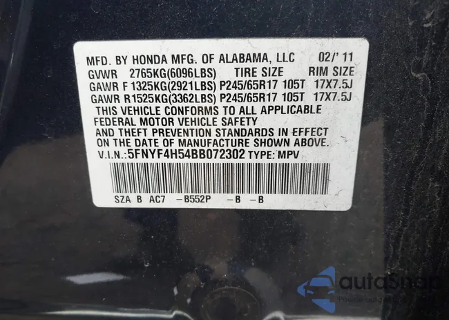 5FNYF4H54BB072302: 43685965