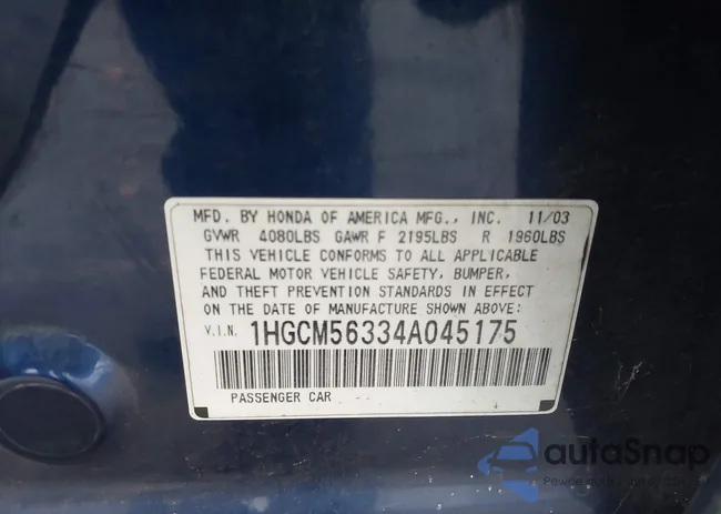 1HGCM56334A045175: 43686012