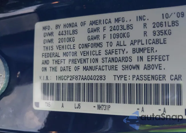 1HGCP2F87AA040283: 43687583