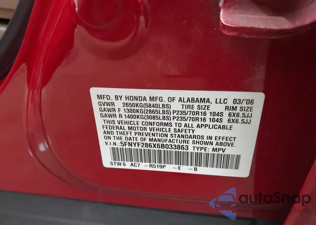 5FNYF286X6B033863: 43686931