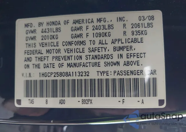 1HGCP25808A113232: 43687011