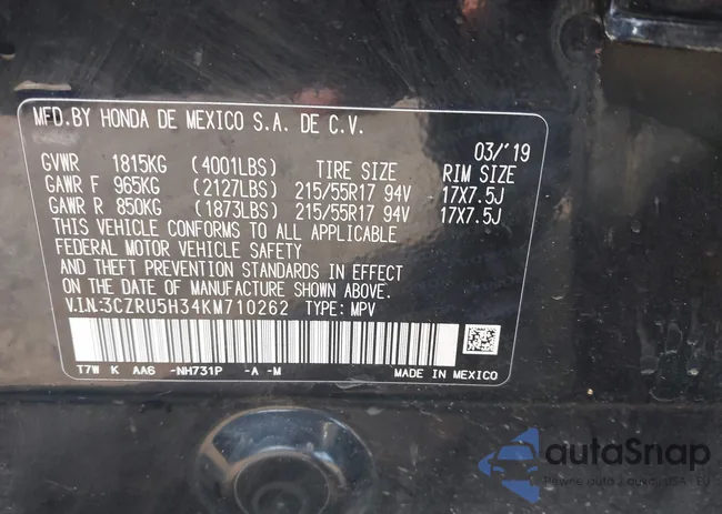 3CZRU5H34KM710262: 43687101