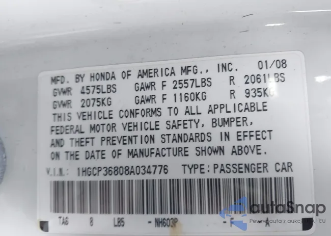 1HGCP36808A034776: 43688127