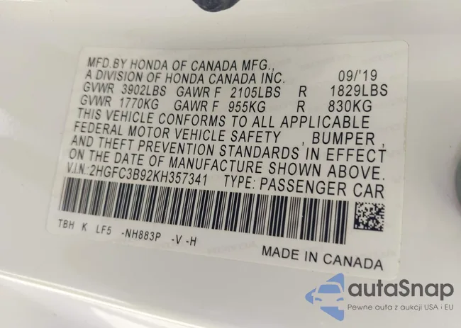 2HGFC3B92KH357341: 43688487