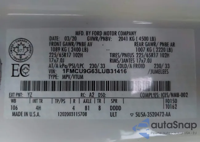 1FMCU9G63LUB31416: 43689153