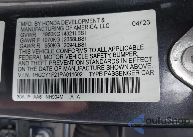 1HGCY1F21PA011602: 43689638