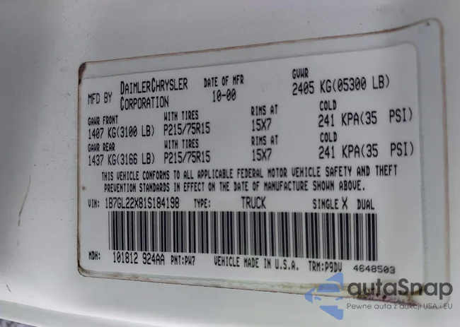 1B7GL22X81S184198: 43688987