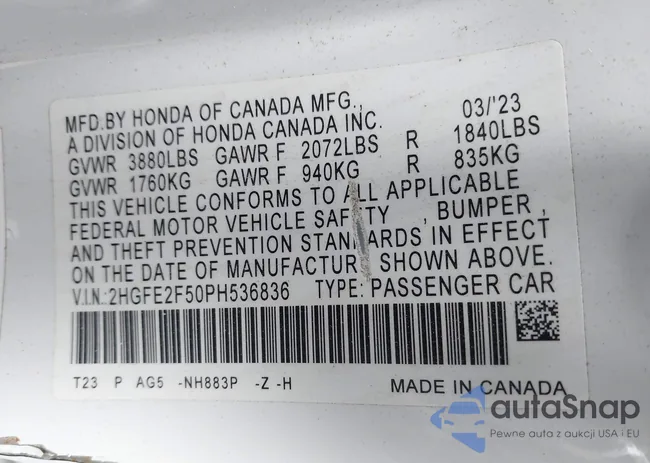 2HGFE2F50PH536836: 43690211