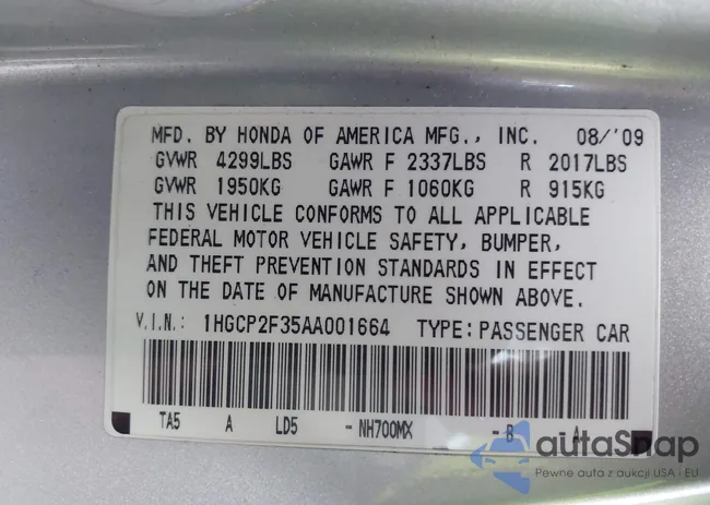 1HGCP2F35AA001664: 43691274