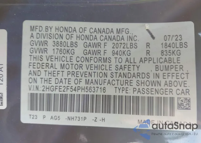 2HGFE2F54PH563716: 43691431