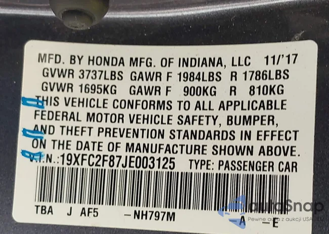 19XFC2F87JE003125: 43692437