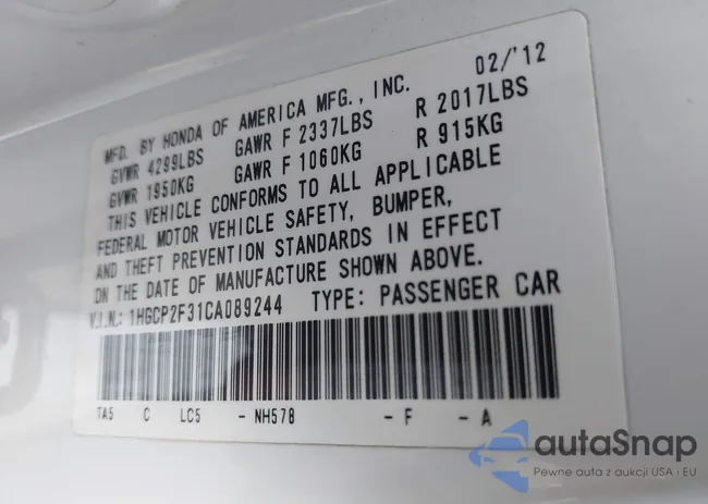 1HGCP2F31CA089244: 43694127