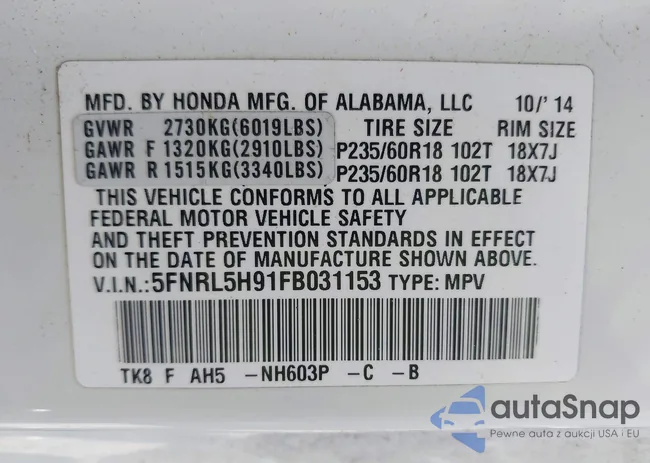 5FNRL5H91FB031153: 43694218