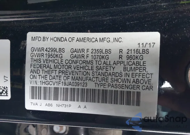 1HGCV1F19JA039123: 43695522