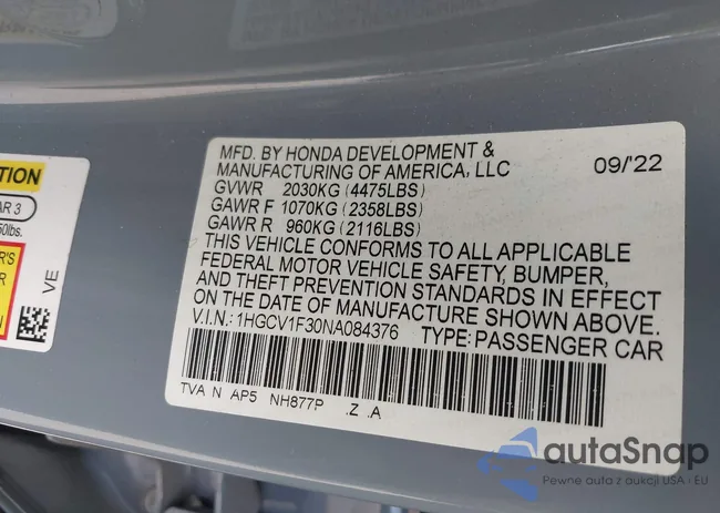 1HGCV1F30NA084376: 43695673