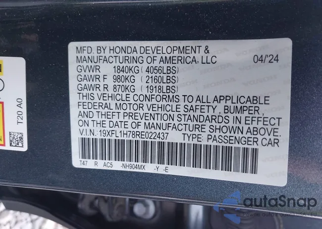 19XFL1H78RE022437: 43694785