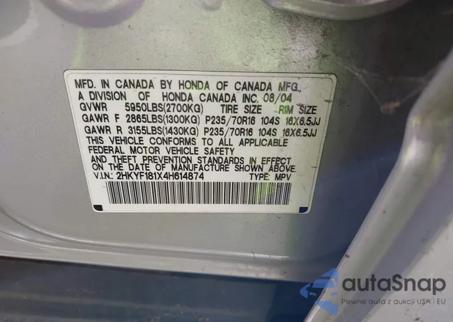 2HKYF181X4H614874: 43697320