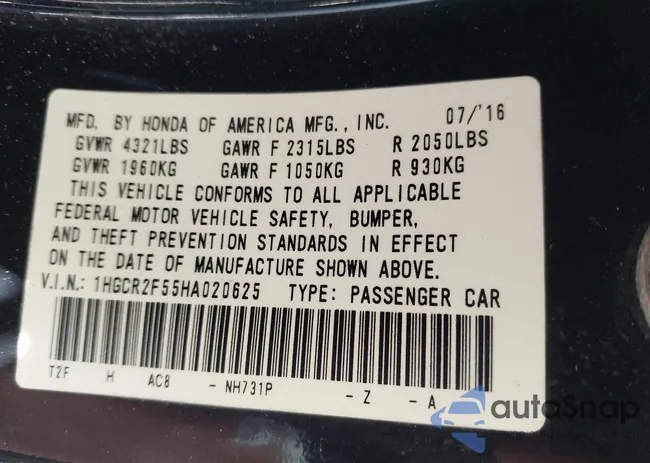 1HGCR2F55HA020625: 43697341