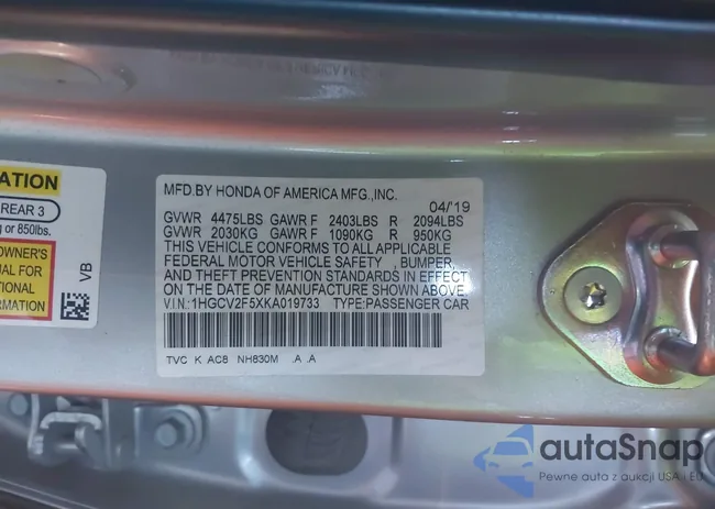 1HGCV2F5XKA019733: 43697023