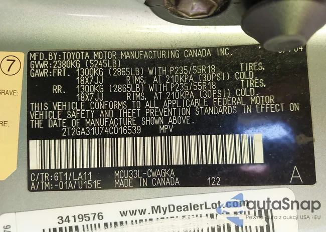 2T2GA31U74C016539: 43698825