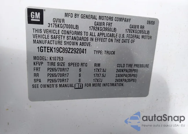 1GTEK19C89Z292041: 43701422