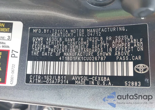 4T1BD1FK1CU026787: 43700890