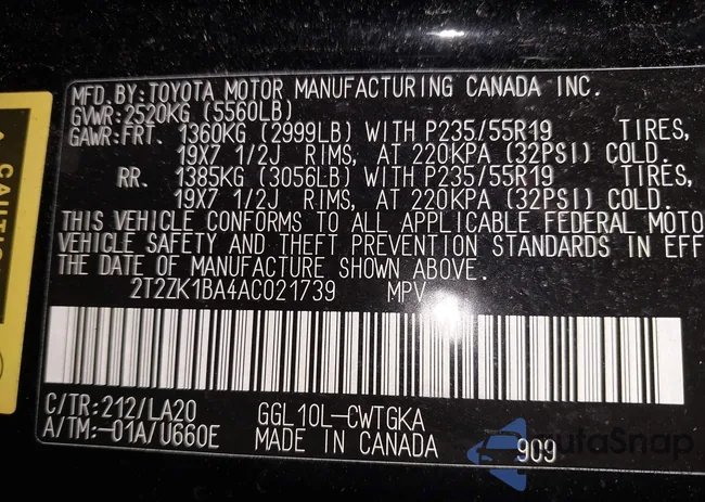 2T2ZK1BA4AC021739: 43705618