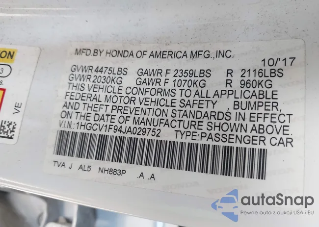 1HGCV1F94JA029752: 43705798