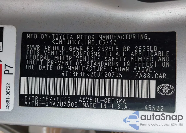 4T1BF1FK2CU120705: 43705817