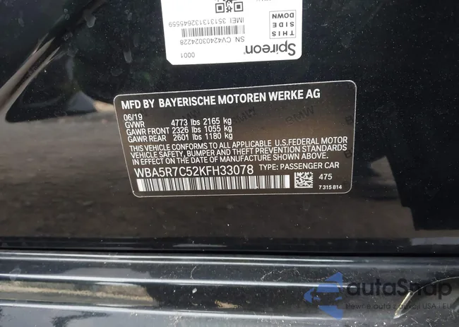 WBA5R7C52KFH33078: 43707407