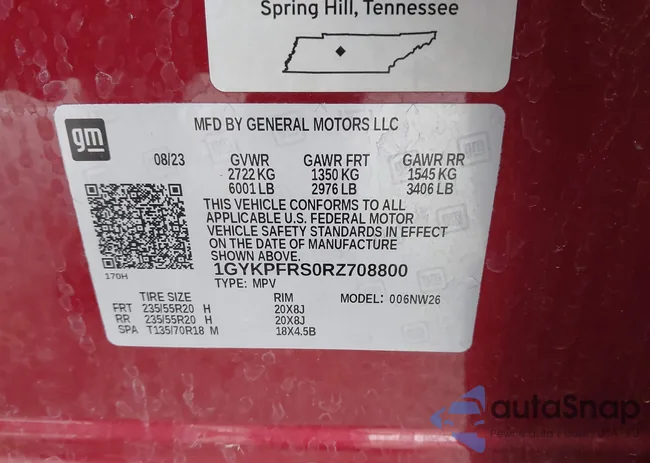 1GYKPFRS0RZ708800: 43707620