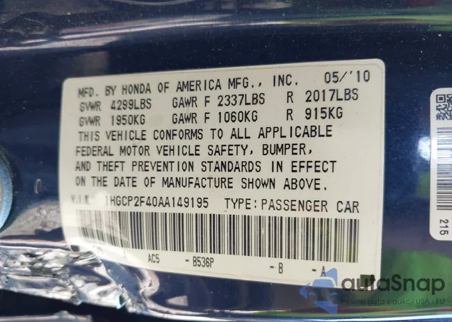 1HGCP2F40AA149195: 43706679