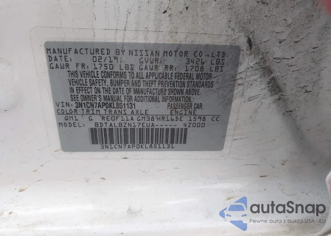 3N1CN7AP0KL851131: 43707030