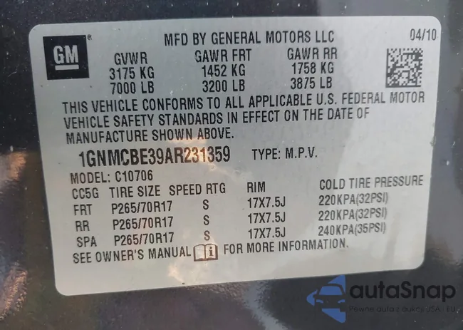 1GNMCBE39AR231359: 43708267