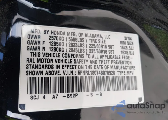 5FNRL18074B076928: 43709130