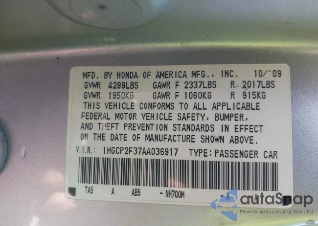 1HGCP2F37AA036917: 43709036