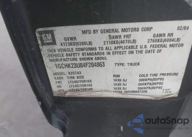 1GCHK23U84F204863: 43710052