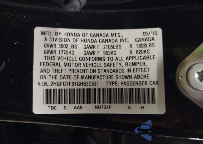 2HGFC1F31GH630531: 43710306