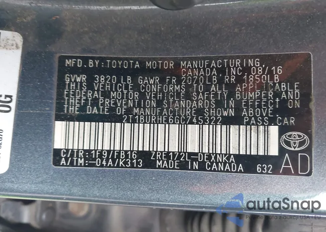 2T1BURHE6GC745322: 43712095