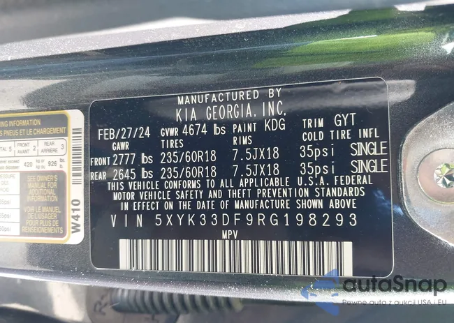 5XYK33DF9RG198293: 43712100