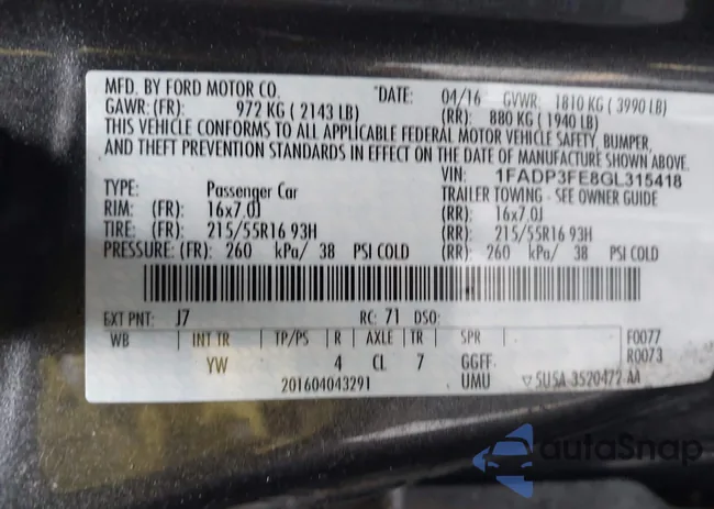 1FADP3FE8GL315418: 43711685