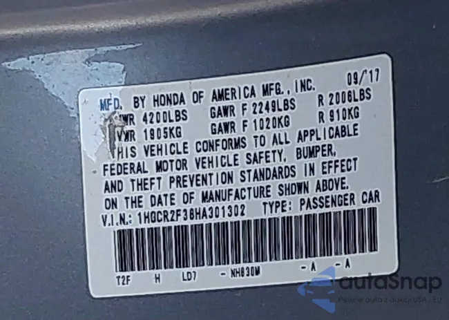 1HGCR2F38HA301302: 43716901