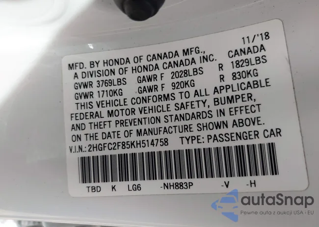 2HGFC2F85KH514758: 43718274