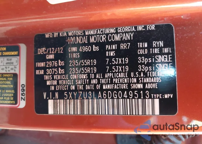 5XYZU3LA6DG049513: 43721653