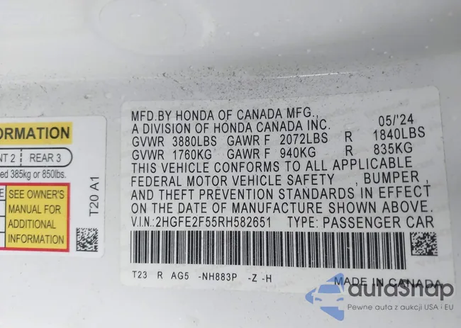 2HGFE2F55RH582651: 43723765