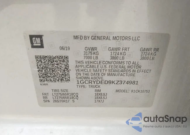 1GCRYDED9KZ374981: 43725539