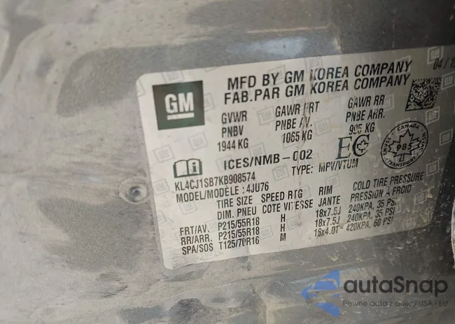 KL4CJ1SB7KB908574: 43725571