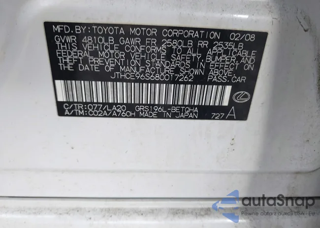 JTHCE96S680017262: 43725626