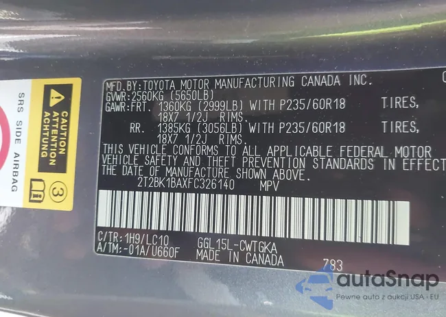 2T2BK1BAXFC326140: 43727682