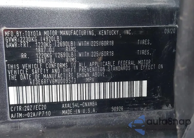 4T3E6RFV6MU009573: 43727823